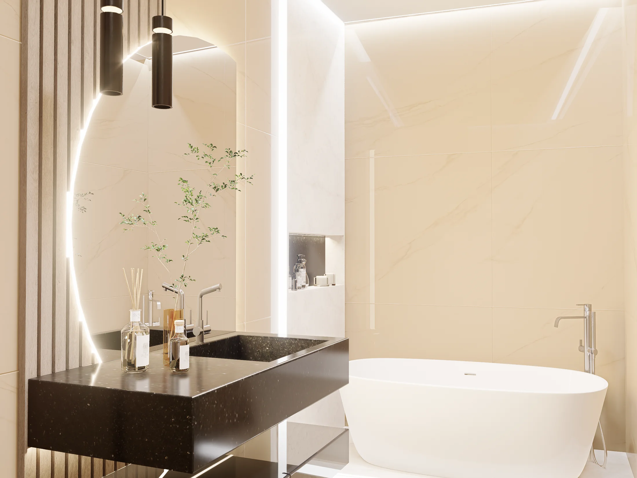 Baño con detalles oscuros de Casa AHM