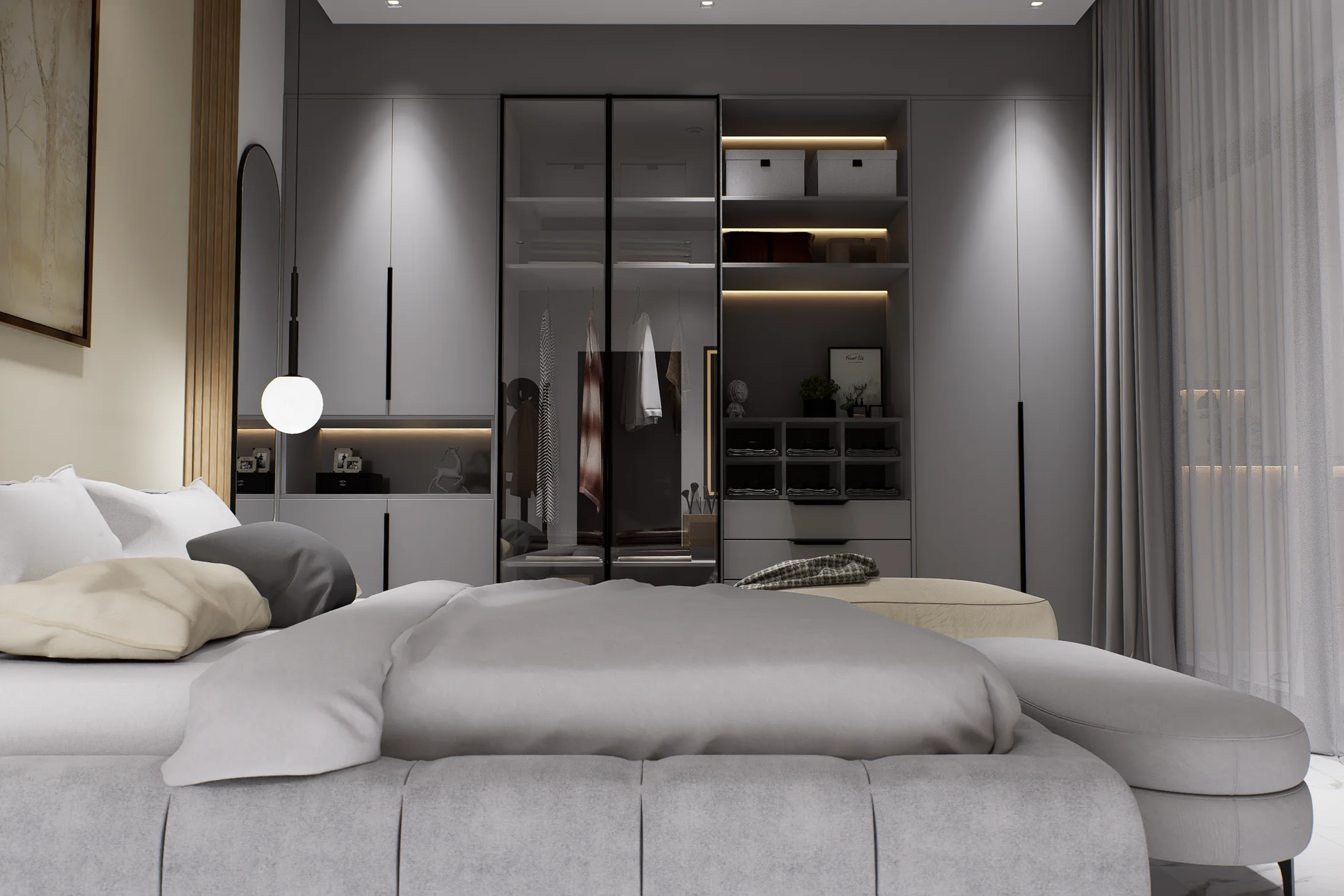 Dormitorio con vestidor oscuro de Casa Saudita