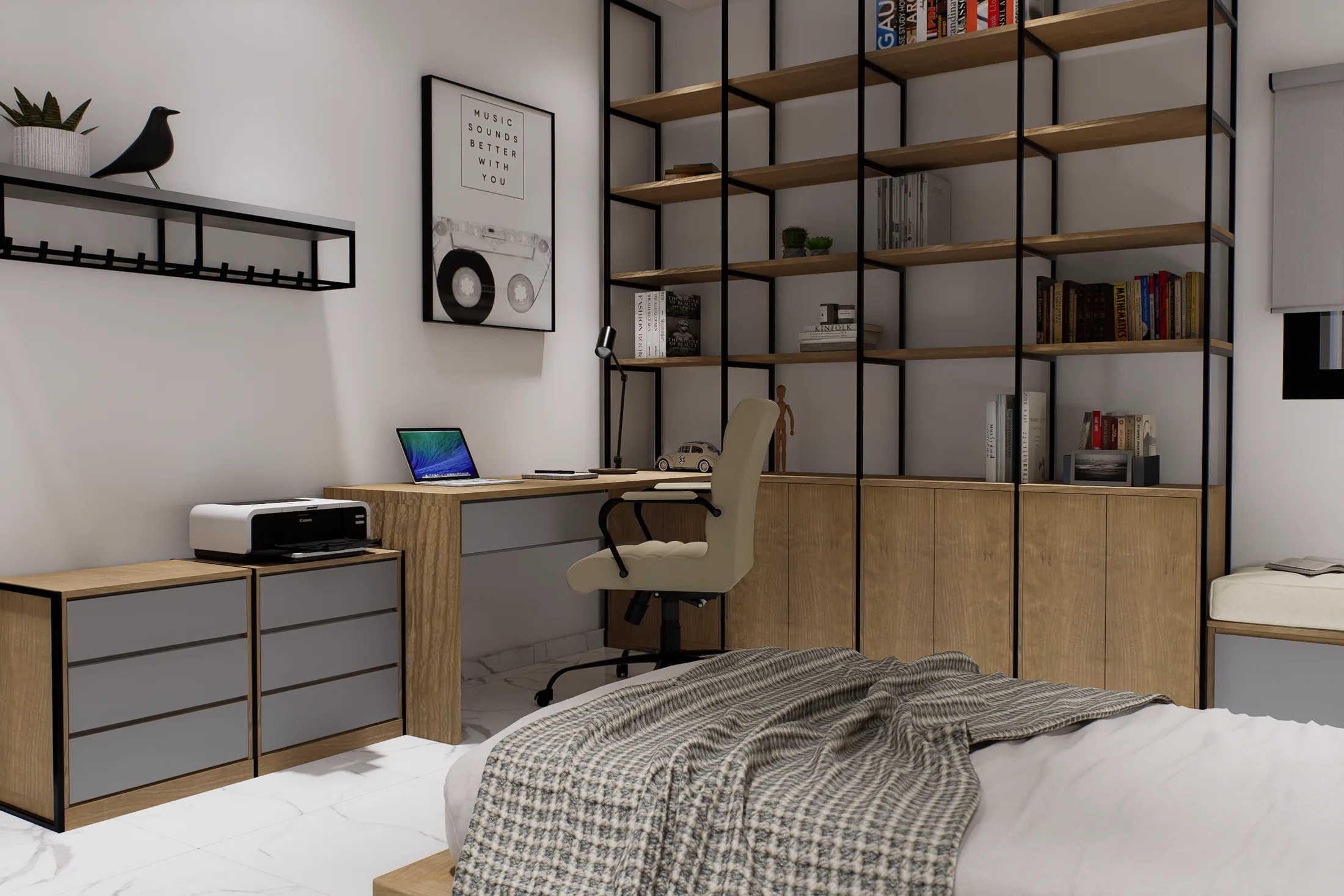 Dormitorio con escritorio y biblioteca de Casa Saudita