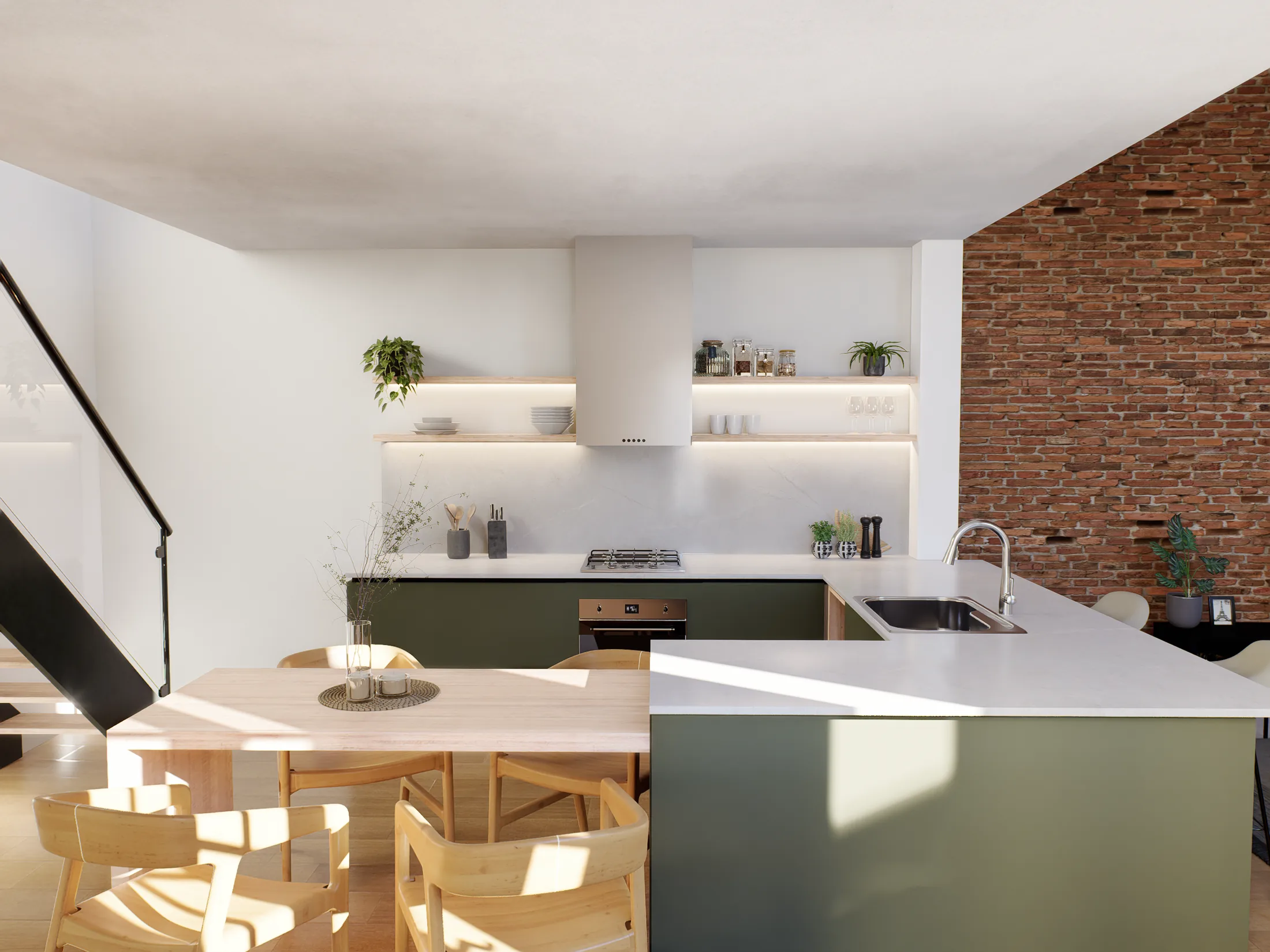 Cocina de PH Brown con muro de ladrillo