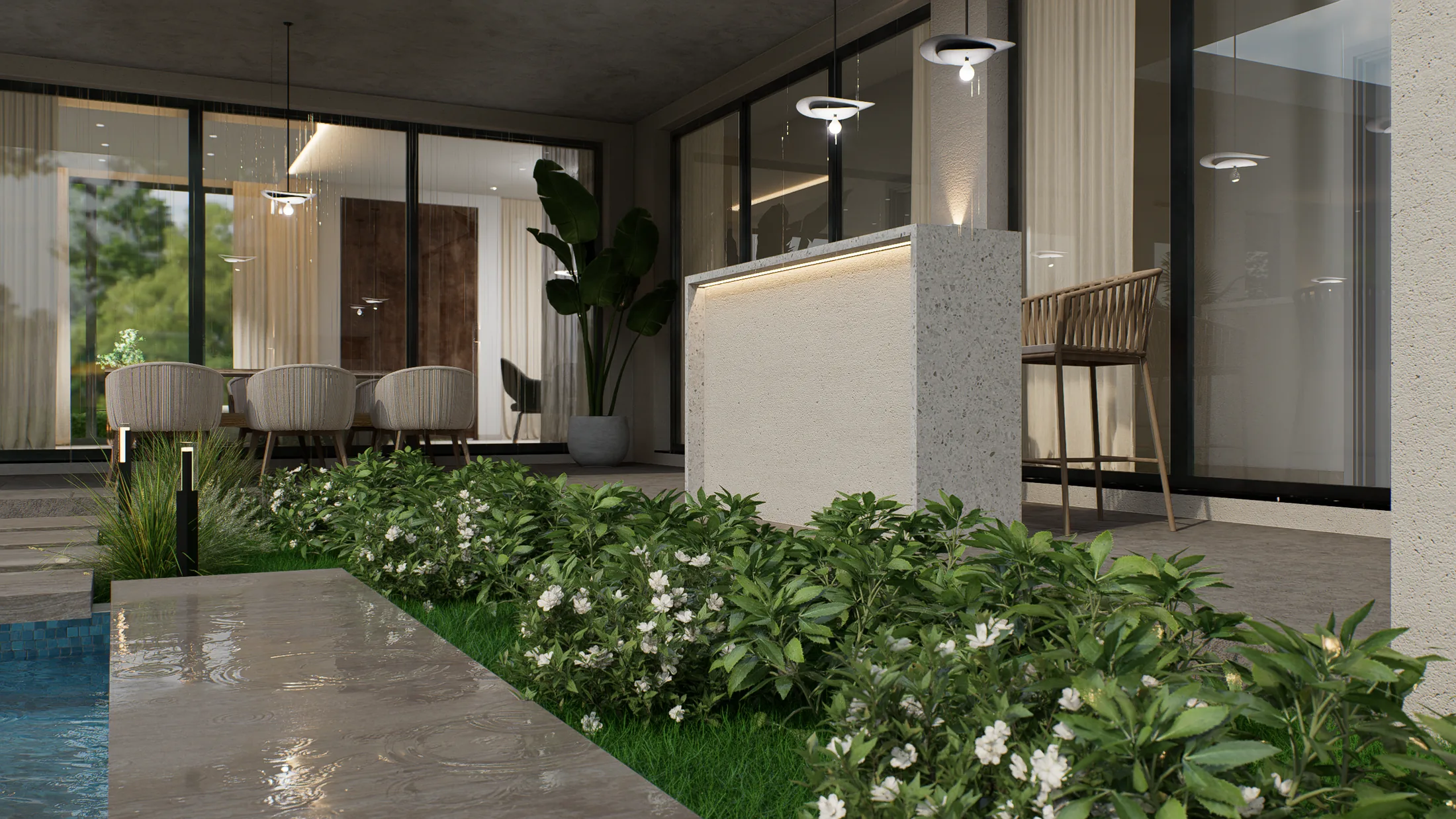 Patio y galería con paisajismo de Vivienda Los Bretes