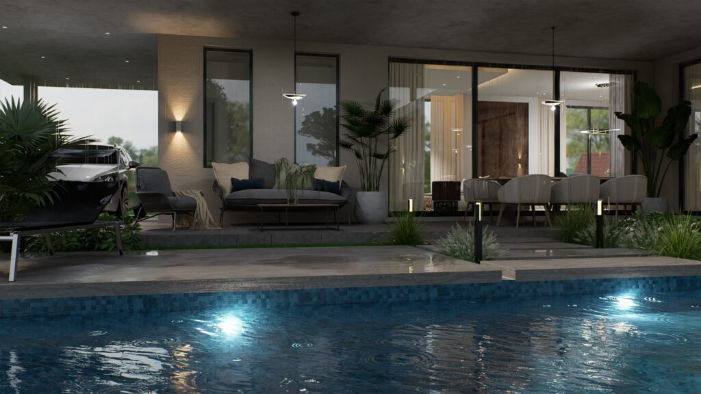 Vista nocturna de la galería y piscina de Vivienda Los Bretes
